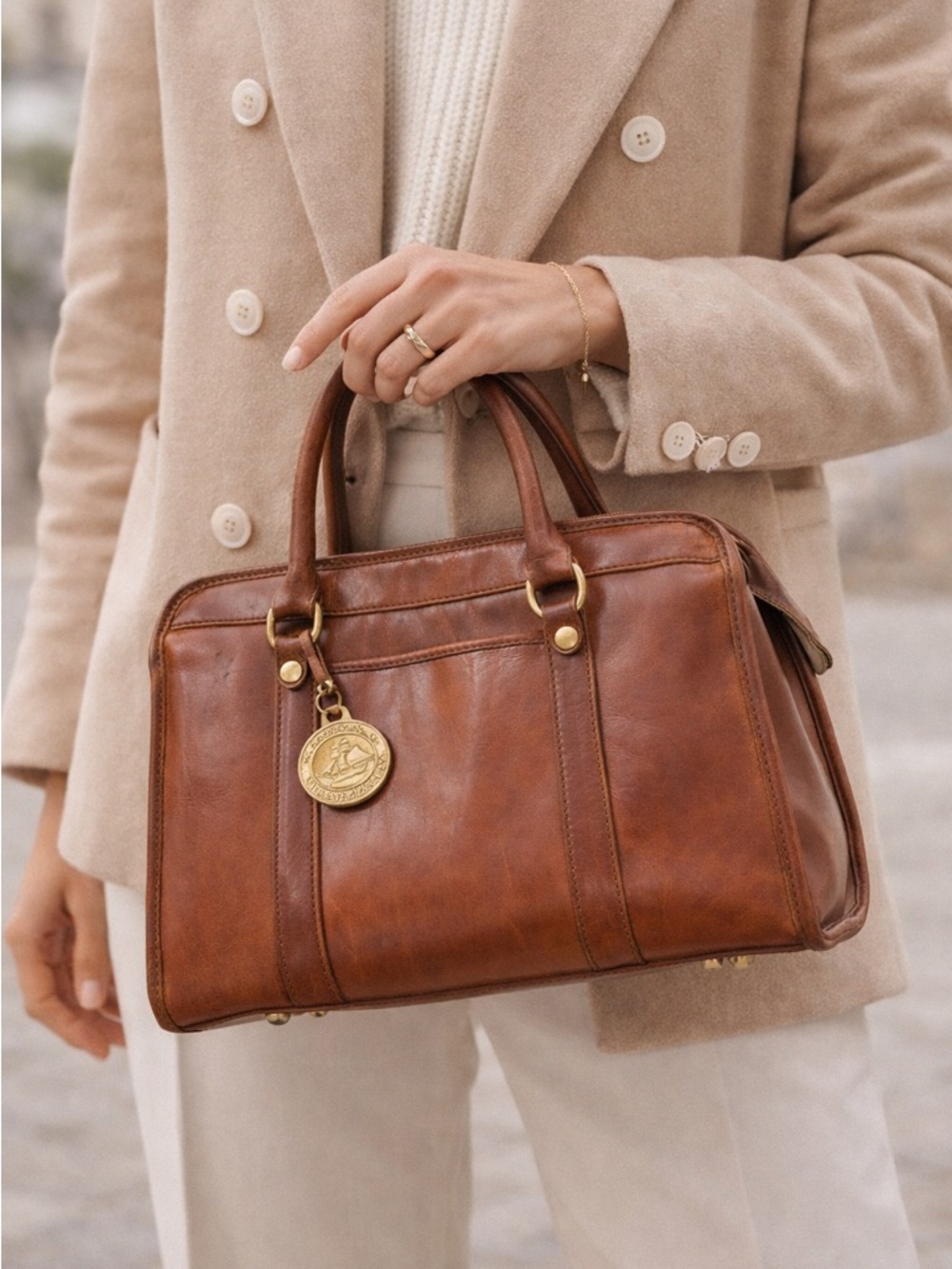 Brahmin Cognac Leather Satchel with Brass Medallion